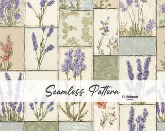 Patrón sin costuras de patchwork estilo cottagecore lavanda, tela floral campestre francesa, papel digital para patchwork botánico vintage