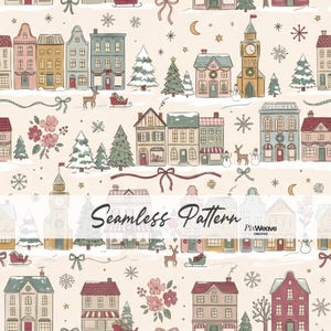 May include: A seamless pattern featuring hand-drawn illustrations of winter townhouses, snow-covered pine trees, reindeer, sleds, and snowflakes on a cream background. The text Seamless Pattern and PixWeave Creative is overlaid in the centre.
