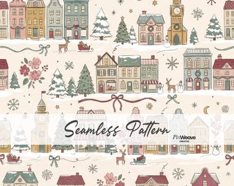 Christmas Village Seamless Pattern, Winter Village Fabric, Vintage Christmas Digital Paper, Snowy Town Surface Pattern