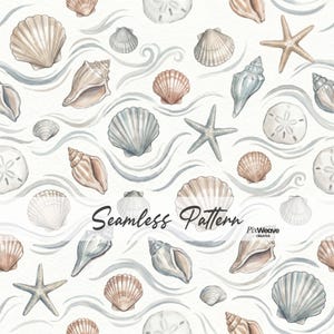 Op de afbeelding: Naadloos patroon met aquarel illustraties van schelpen, zeesterren en zanddollars in beige, blauwe en perziktinten. Het ontwerp bevat golvende lijnen, die een nautisch thema creëren. De tekst "Seamless Pattern" is zichtbaar.