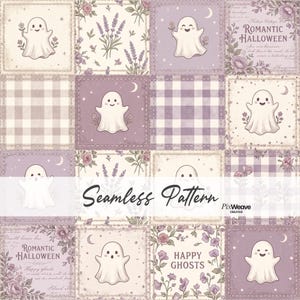 Könnte beinhalten: Ein nahtloses Muster mit einem Raster aus Quadraten, das weiße Geister, Lavendelzweige, Rosen und Vichy-Karos in Lila- und Cremetönen zeigt. Der Text enthält Romantic Halloween und Happy Ghosts. Das Design wiederholt sich.