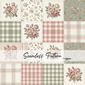 May include: A seamless pattern design featuring a patchwork of floral and plaid squares. The squares showcase bouquets of pink roses, small floral prints, and gingham patterns in soft pink and green hues. The text "Seamless Pattern" is displayed.