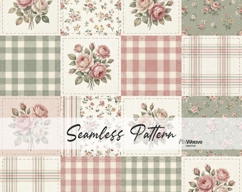 Vintage Rose Patchwork Seamless Pattern, Cottagecore Floral Quilt Fabric, Pink Green Gingham Shabby Chic Fabric Print