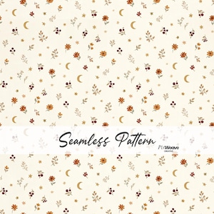 Può includere: Un motivo continuo su sfondo color crema con piccoli fiori arancioni, bacche rosso scuro, lune crescenti dorate e minuscole stelle. Una fascia bianca orizzontale al centro mostra il testo Seamless Pattern e PixWeave CREATIVE.