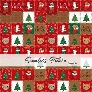 Könnte beinhalten: Ein nahtloses Stoffmuster mit einem Raster aus Quadraten, das Illustrationen von Katzen in Strümpfen, Weihnachtsbäumen und Katzengesichtern auf rotem, weißem und braunem Hintergrund zeigt. Der Text COZY CAT-MAS und Seamless Pattern PixWeave Creative ist sichtbar.