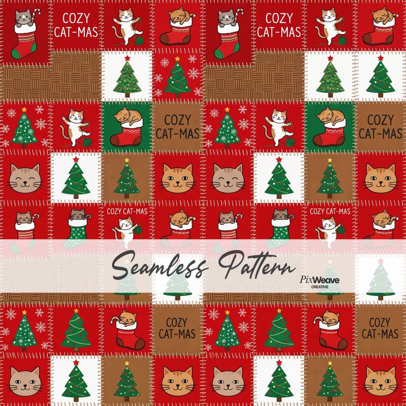 Christmas cat patchwork seamless pattern with cute kittens, Christmas stockings, trees, ornaments, candy canes, and stitched borders