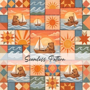 May include: A seamless pattern featuring a repeating design of a capybara sailing a boat on the ocean. The design includes a sunset, waves, and geometric shapes in shades of orange, blue, and brown. The words "Seamless Pattern" are written across the bottom.