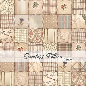 Puede incluir: Un diseño de patchwork con cuadrados con varios patrones, incluyendo motivos florales, a cuadros y a rayas en colores beige, marrón y crema. El texto "Seamless Pattern" se muestra en el centro.