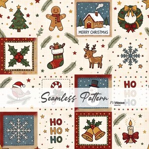 May include: A seamless pattern featuring Christmas icons on a cream background, including a gingerbread person, a house with the text Merry Christmas, a reindeer, a snowman, snowflakes, holly, bells, a stocking, and the repeated text Ho Ho Ho.