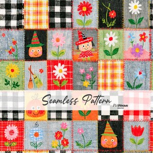 May include: A patchwork fabric design featuring a grid of squares with various illustrations including pumpkins wearing striped hats, diverse colorful flowers, plaid patterns, and black and white buffalo check squares. The text Seamless Pattern PixWeave Creative is overlaid across the center.