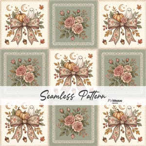 Padrão vintage de patchwork de Halloween sem costura, tecido floral com fantasmas, abóboras e laços, papel digital estilo cottagecore para o outono, design de colcha de outono