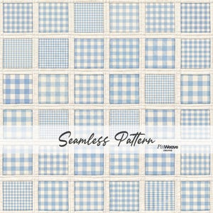 May include: A seamless pattern featuring a grid of squares with various blue and white gingham and checkered designs. The squares are outlined with a cream-colored border. The text "Seamless Pattern" is displayed across the image.