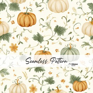 May include: A seamless pattern featuring orange, white, and sage green pumpkins interspersed with green vine tendrils, leaves, and small yellow flowers on a cream background. The text Seamless Pattern and PixWeave Creative is centred.