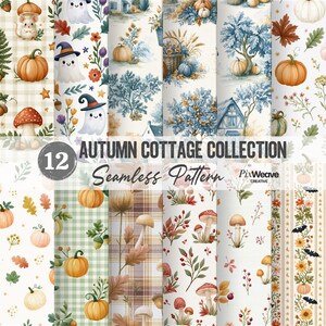 Pode incluir: Uma coleção digital de 12 padrões sem costura intitulada Autumn Cottage Collection, apresentando ilustrações de abóboras, cogumelos, fantasmas com chapéus, folhas de outono, árvores, casas e elementos florais em tons de laranja, azul e verde.
