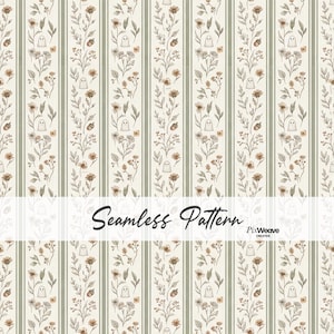 Könnte beinhalten: Ein nahtloses Muster mit vertikalen Streifen, die sich mit botanischen Illustrationen von Blumen, Eicheln und kleinen Geistern in gedeckten Erdtönen auf cremefarbenem Grund abwechseln. Der Text Seamless Pattern und PixWeave Creative ist sichtbar.
