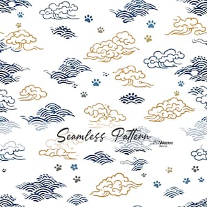 May include: Seamless pattern featuring stylized clouds, waves, and paw prints in shades of navy blue, gold, and gray on a white background. The words "Seamless Pattern" are written in a script font.