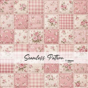 May include: A seamless pattern featuring a patchwork design with squares of pink floral and gingham prints. The squares are arranged in a grid, with a variety of rose and small flower patterns. The text "Seamless Pattern" is displayed across the image.