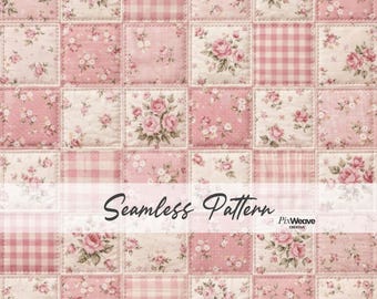 Vintage rosa Rose Patchwork nahtlose Muster, Shabby Chic Blumen Quilt Stoff Druck, Cottagecore Gingham Kinderzimmer Digital Papier