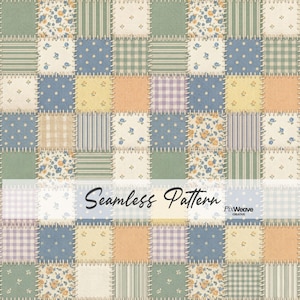 May include: A seamless patchwork pattern featuring squares in various pastel colors, including blue, green, yellow, and peach. Each square has a different design, such as floral prints, polka dots, and stripes. The text "Seamless Pattern" is displayed across the image.