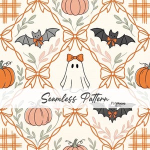 Vintage Halloween Seamless Fabric Pattern, Black Cat Bat Ghost Pumpkin Bow, Cottagecore Patchwork Digital Paper