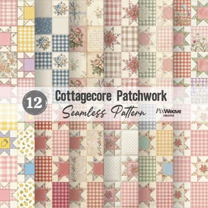 Puede incluir: Una colección de 12 patrones sin costuras de patchwork Cottagecore. Los diseños presentan flores, cuadros vichy y estrellas en colores pastel como rosa, amarillo y azul. La imagen incluye el texto "Cottagecore Patchwork Seamless Pattern."