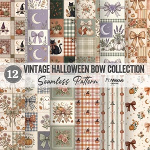 Vintage Halloween Bow Seamless Pattern Bundle, Fall Patchwork Fabric, Ghost Pumpkin Witch Quilt, 12 Digital Papers