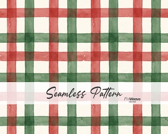 Vintage Christmas Plaid Seamless Fabric Pattern, Red & Green Watercolor Check, Cottagecore Digital Paper, xmas textile design