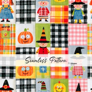 Op de afbeelding: Een stofpatroon met een raster van vierkanten met illustraties van vogelverschrikkers, pompoenen en heksen, afgewisseld met zwart-wit ruitjes, geel schotse ruit en roze gingham vierkanten. De tekst Seamless Pattern is eroverheen geplaatst.