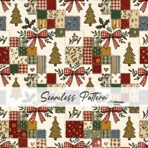 May include: A seamless pattern featuring a patchwork design of Christmas trees, red and white gingham bows, holly leaves, and small hearts on a cream background. The text Seamless Pattern and PixWeave Creative is printed across the center.