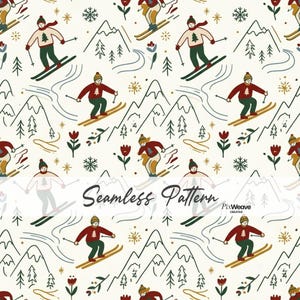 May include: A seamless pattern featuring skiers in red or beige sweaters with tree graphics, green pants, and hats. The design includes mountains, pine trees, red flowers, and gold starbursts on a cream background. Text reads Seamless Pattern.