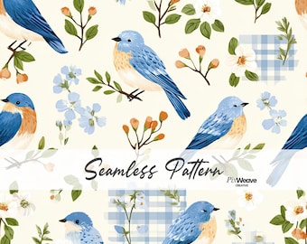 Patrón sin costuras Bluebird Cottagecore, tela floral vintage con pájaros, papel digital botánico de estilo rústico, estampado de pájaros primaverales.