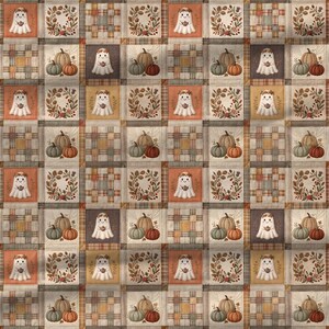 Cozy autumn quilt-style pattern featuring friendly Halloween ghosts, pumpkins, botanical details and muted plaid fabric textures.