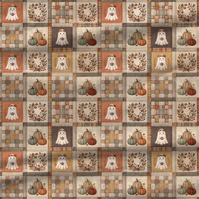 Cozy autumn quilt-style pattern featuring friendly Halloween ghosts, pumpkins, botanical details and muted plaid fabric textures.