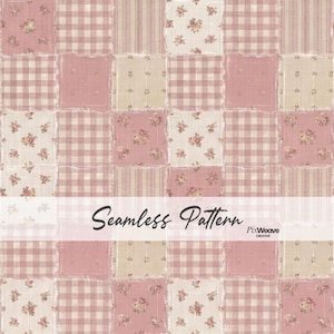 May include: A seamless pattern featuring a patchwork design with squares of various fabrics. The fabrics include gingham, stripes, and floral prints in shades of pink, cream, and beige. The text "Seamless Pattern" is displayed across the image.