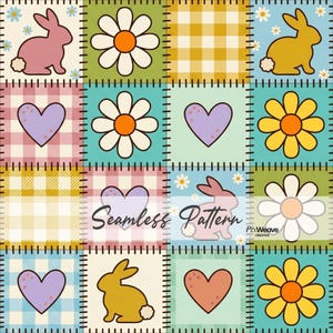 Könnte beinhalten: Ein Patchwork-Muster mit Quadraten, die Hasen, Blumen und Herzen in Pastellfarben zeigen. Das Design umfasst Vichy- und Blumenmuster mit einem genähten Bordüreneffekt. Der Text "Seamless Pattern" ist enthalten.