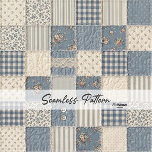Op de afbeelding: Een naadloos patchworkpatroon met vierkanten van stoffen in blauw en crème. Sommige vierkanten hebben bloemenprints, strepen of ruitpatronen. Het ontwerp bevat de tekst "Seamless Pattern" en twee knopen.