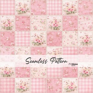 May include: A seamless pattern featuring a patchwork design with floral and gingham squares in shades of pink and cream. Each square is bordered by a stitched seam. The words "Seamless Pattern" are displayed across the bottom.