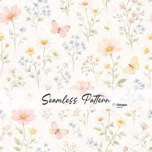 May include: A seamless pattern featuring watercolor illustrations of flowers and butterflies in soft pastel colors. The design includes pink, yellow, and blue flowers, along with butterflies, set against a white background. The text "Seamless Pattern" is displayed.