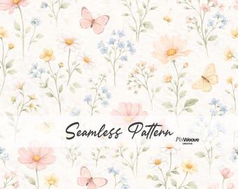 Pastell Wildblumen Schmetterling Muster, Cottagecore Wiese Blumenstoff Druck, Frühling botanisches digitales Papier, romantische Garten Design