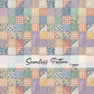 May include: A seamless patchwork pattern with squares and triangles in pastel shades. The design incorporates floral, striped, and gingham patterns, with visible stitching. The text "Seamless Pattern" is displayed across the centre.