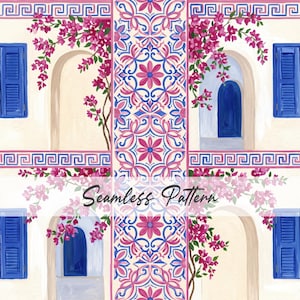 Könnte beinhalten: Nahtloses Muster mit sich wiederholenden weißen Gebäuden mit blauen Fensterläden und Türen, verziert mit rosa blühenden Weinreben. Ein zentrales Feld zeigt ein florales Fliesenmuster. Der Text "Seamless Pattern" ist sichtbar.