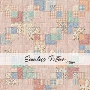 May include: A seamless patchwork pattern in pastel shades of pink, blue, green, and beige. The squares are filled with floral, gingham, and striped fabrics, stitched with white thread. The text "Seamless Pattern" is displayed across the image.