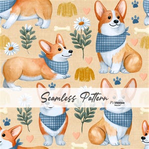 Può includere: Un motivo continuo con illustrazioni di cani Corgi che indossano bandane a quadri blu, intervallate da margherite bianche, maglioni gialli, piccoli cuori rosa, ossi bianchi e impronte di zampe blu su uno sfondo beige testurizzato.