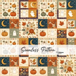 Sömlöst mönster med vintage Halloween-lapptäcke, Cottagecore Ghost Quilt-tyg, digitalt papper för höstskörden