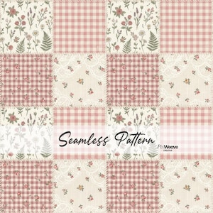 Padrão sem costura de patchwork xadrez rosa, papel digital para colcha de retalhos com renda floral estilo cottagecore, estampa de tecido shabby chic
