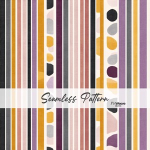 May include: A seamless pattern featuring vertical stripes in shades of mustard yellow, purple, charcoal gray, and soft pink, interspersed with columns of abstract organic shapes. The text Seamless Pattern and PixWeave Creative is visible.