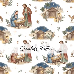 May include: A seamless pattern featuring watercolor illustrations of a nativity scene with Mary, Joseph, and the infant Jesus in a manger, alongside stables, palm trees, camels, sheep, lanterns, and celestial symbols on a white background.