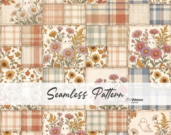 Ghost Floral Patchwork Seamless Pattern, Cottagecore Halloween Fabric, Vintage Fall Quilt Digital Paper, Cute Ghost Print