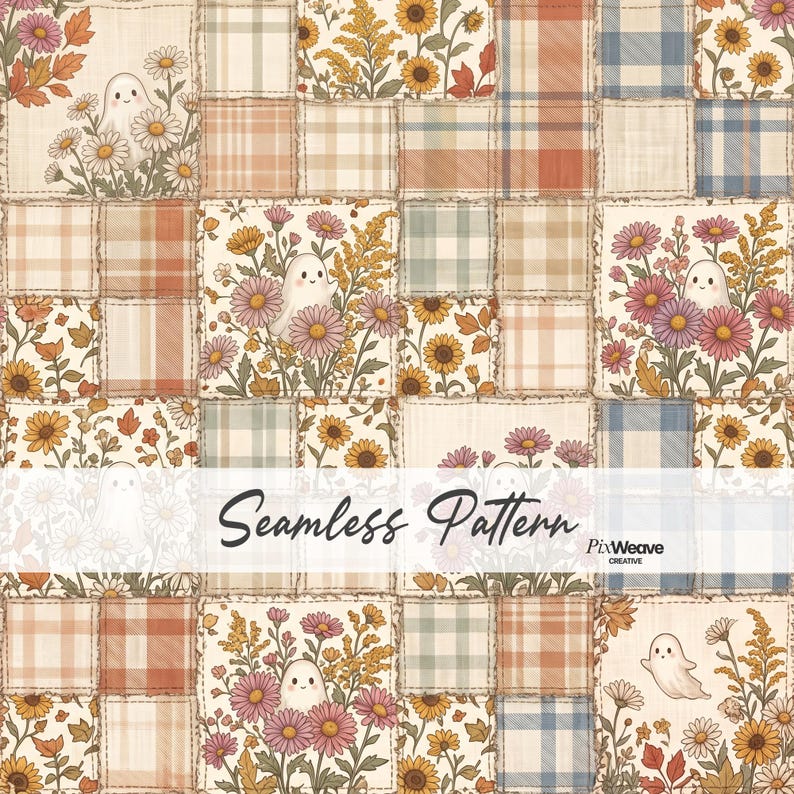 Cute ghost floral patchwork seamless pattern with plaid fabric, daisies, and autumn wildflowers.