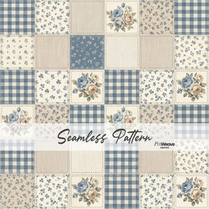 May include: A seamless pattern featuring a patchwork design with squares of blue gingham, floral prints, and linen textures. Each square is outlined with a stitched border. The pattern includes roses and the text "Seamless Pattern".